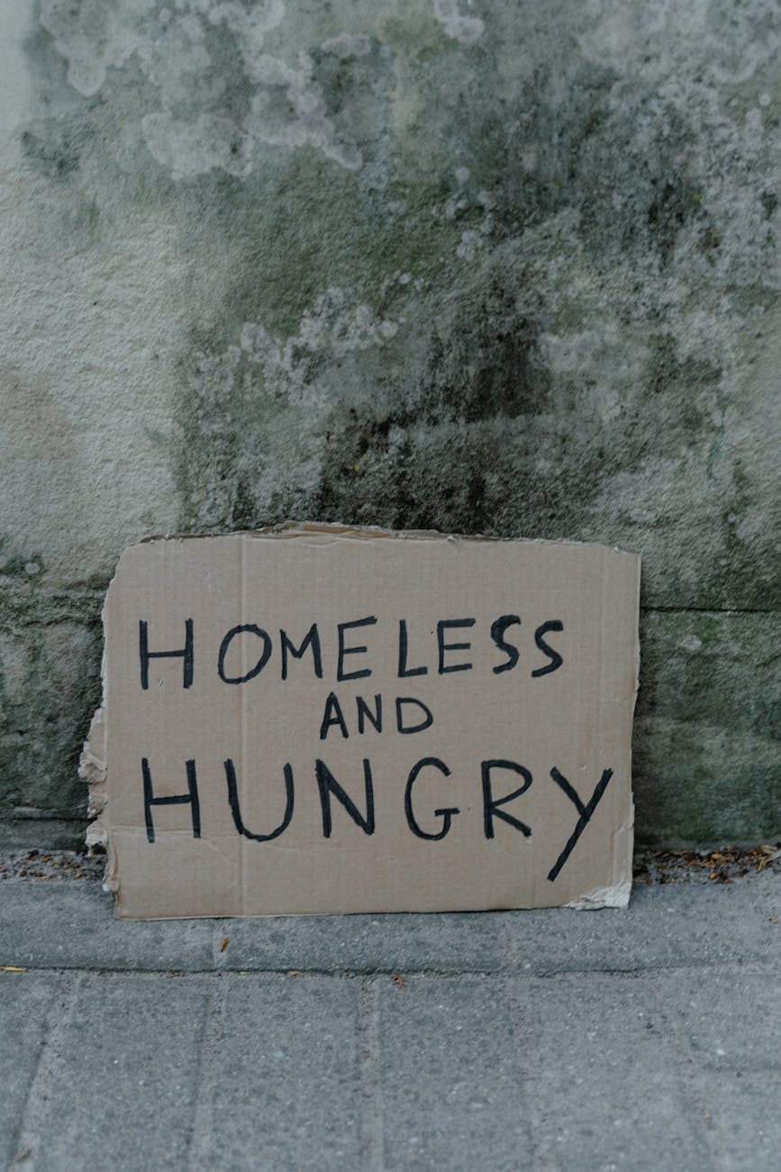 A cardboard sign leaning against a stone wall reads “HOMELESS AND HUNGRY,” symbolizing the urgent unmet needs of unhoused individuals.